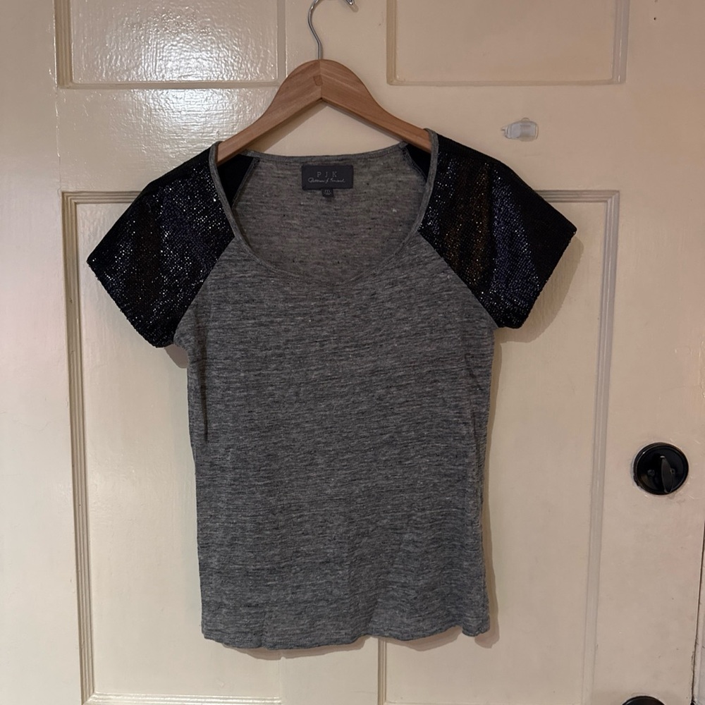 Elegant Gray Top with Black Sequin Sleeves